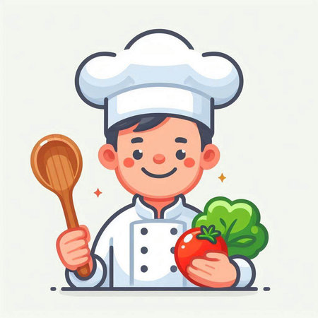 Cute little boy chef with vegetables. Vector illustration in cartoon style.のイラスト素材