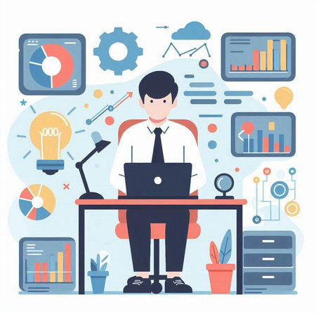 Businessman working on laptop in office. Flat style vector illustration.のイラスト素材