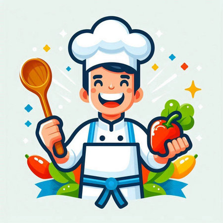Chef holding a spoon and a plate of vegetables. Vector illustration.のイラスト素材