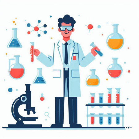 Scientist with chemical laboratory equipment. Vector illustration in flat style.のイラスト素材
