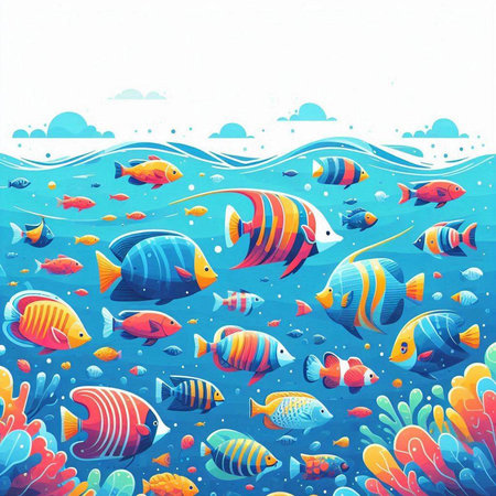 Coral reef with tropical fishes. Seascape. Vector illustrationのイラスト素材