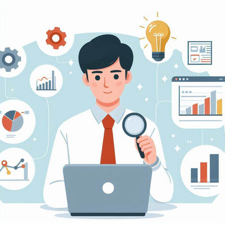 Businessman working with laptop. Vector illustration in flat cartoon style.のイラスト素材