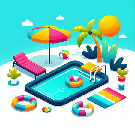 Isometric beach with swimming pool and inflatable ring. Vector illustrationのイラスト素材