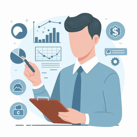 Businessman with tablet. Vector illustration in flat style. Business concept.のイラスト素材