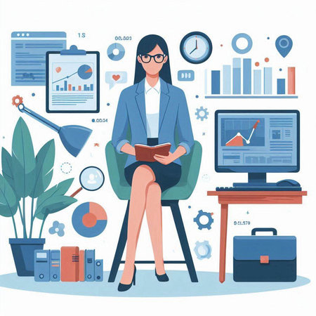 Business woman sitting on the chair in office. Vector illustration in flat styleのイラスト素材