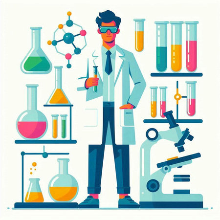 Scientist working in laboratory. Vector illustration in flat cartoon style.のイラスト素材