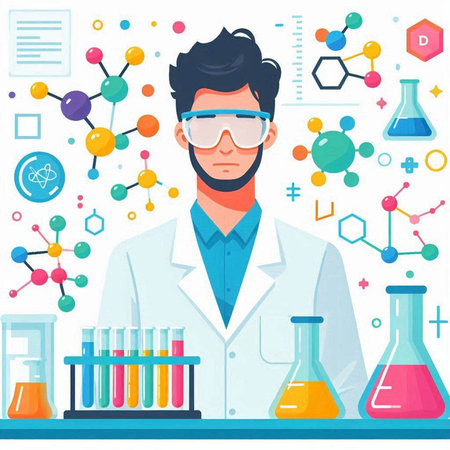 Scientist with chemical flasks in laboratory. Vector illustration in flat styleのイラスト素材