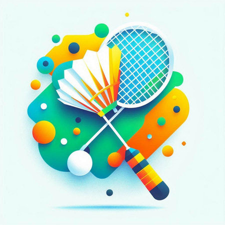 Badminton racket and shuttlecock isolated on colorful background. Vector illustration.のイラスト素材