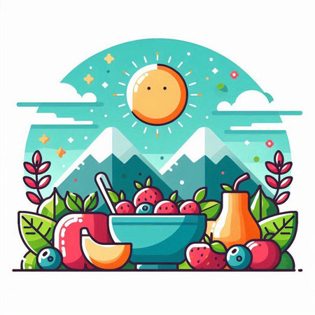 Vector illustration of a summer picnic in the mountains. Flat style.のイラスト素材