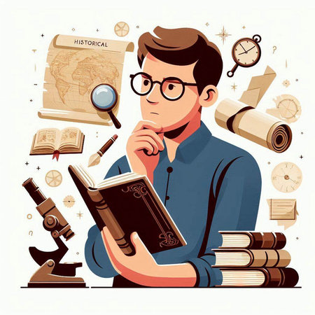Vector illustration of a man with a book and a magnifying glass.のイラスト素材