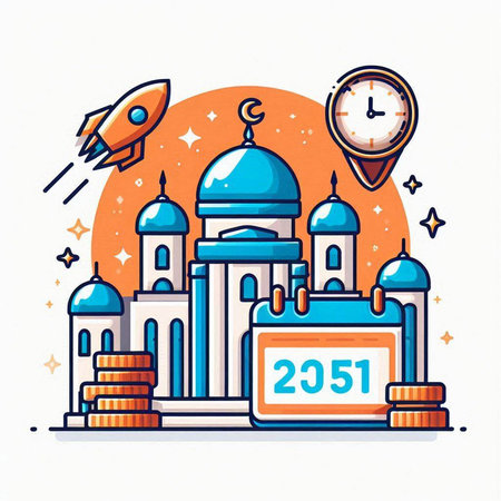 Happy New Year 2021. Greeting card with mosque, clock, rocket and calendar. Vector illustrationのイラスト素材