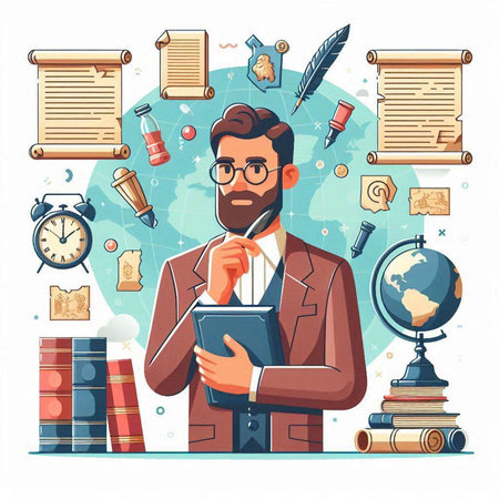 Education and learning concept. Cartoon vector illustration of teacher or professor with book, globe, books, pen, compass, clock, globe and eyeglasses.のイラスト素材