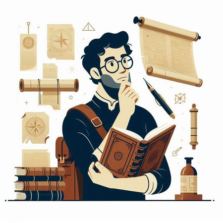 Vector illustration of a man with a book in his hands. Reading concept.のイラスト素材