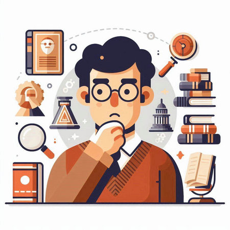Man with books and magnifying glass. Flat style vector illustration.のイラスト素材