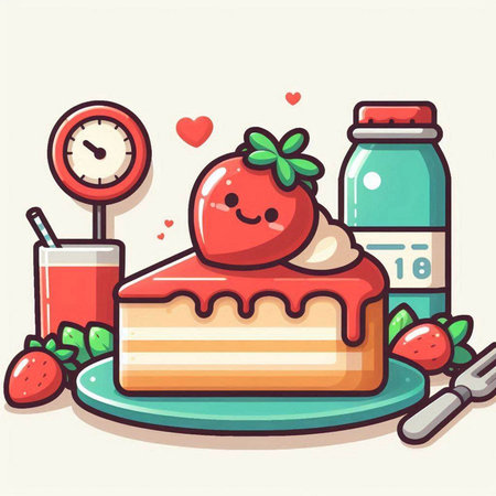 Vector illustration of a strawberry cake with a glass of juice, a bottle of milk and a measuring tape.のイラスト素材