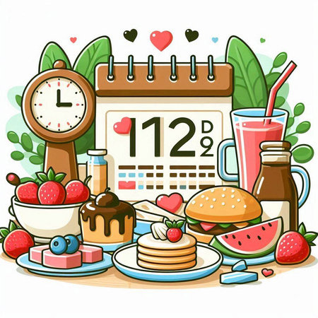 Healthy breakfast concept. Vector illustration of healthy food and calendar with date.のイラスト素材