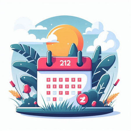 Vector illustration of a calendar on the background of the summer landscape.のイラスト素材