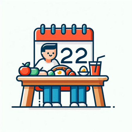 Vector illustration of a man sitting at the table in front of the calendar and eating.のイラスト素材