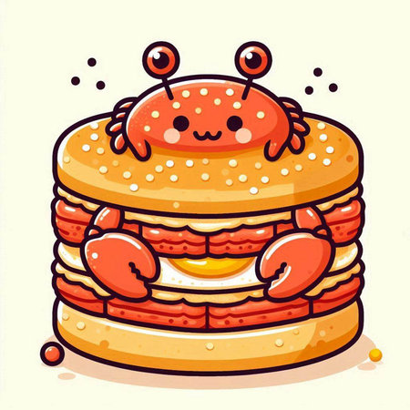 Cute cartoon crab sandwich. Vector illustration isolated on white background.のイラスト素材