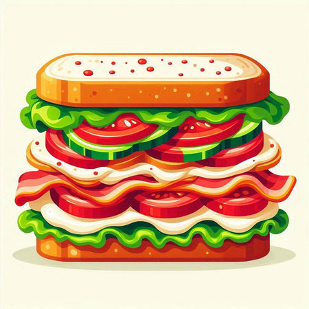 Sandwich with ham, cheese, tomato and lettuce. Vector illustration.のイラスト素材