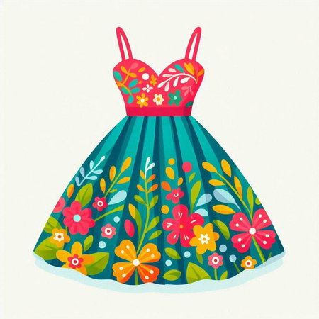 Fashion illustration of a beautiful dress with floral pattern. Vector illustration.のイラスト素材