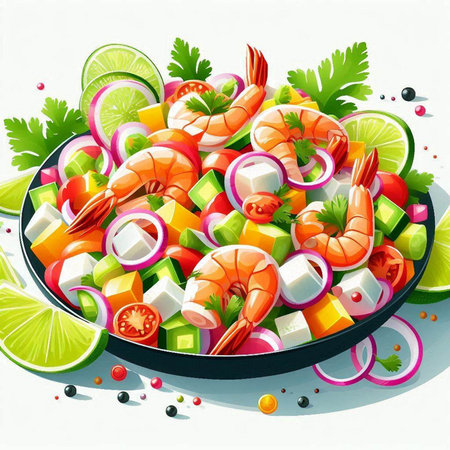 Shrimp salad in a pan. Vector illustration. Fresh seafood.のイラスト素材