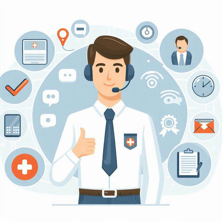 Vector illustration of a customer service agent in a flat style with icons.のイラスト素材