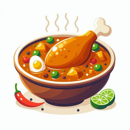 Illustration of a bowl of spicy chicken soup with vegetables and eggsのイラスト素材