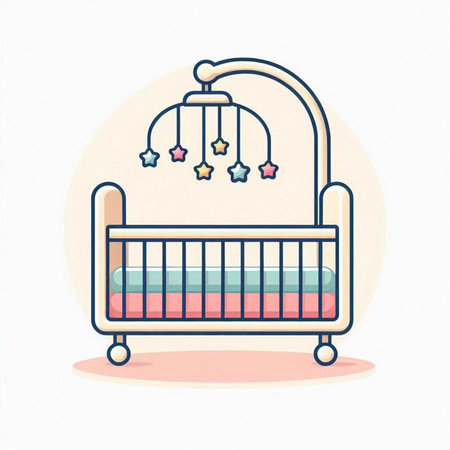 Baby bed with crib hanging toys. Vector illustration in flat style.のイラスト素材