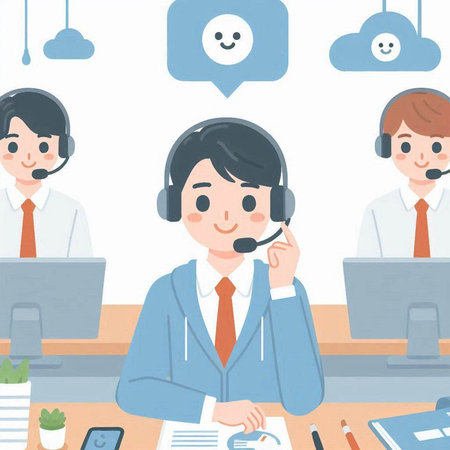 Call center operator in headset and customer service agent, vector illustration.のイラスト素材