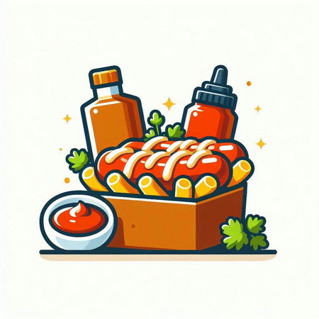 Vector illustration of hot dog with mustard, ketchup and parsleyのイラスト素材