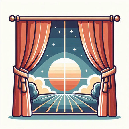 Curtains with sun and clouds. Vector illustration in cartoon styleのイラスト素材