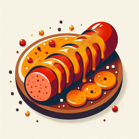 Illustration of a hot dog on a wooden plate with some sausagesのイラスト素材