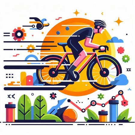 Cyclist in sportswear rides on a bicycle. Flat design vector illustration.のイラスト素材