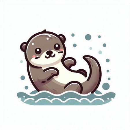 Cute cartoon otter on the waves. Hand drawn vector illustration.のイラスト素材