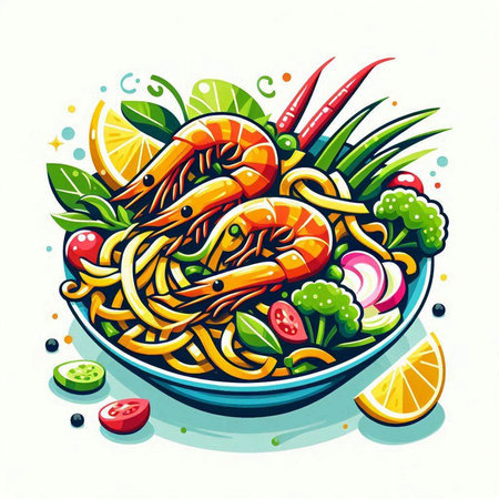Illustration of a bowl of noodles with shrimp and vegetables on a white backgroundのイラスト素材