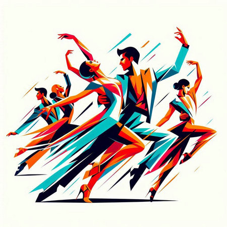 Vector illustration of a group of young people dancing ballet in motion.のイラスト素材