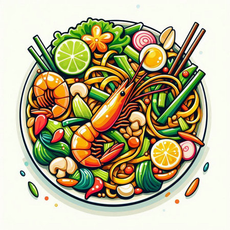 Noodles with seafood and vegetables in a bowl. Vector illustration.のイラスト素材