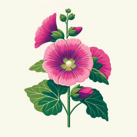 Pink hollyhock flowers on a white background. Vector illustration.のイラスト素材