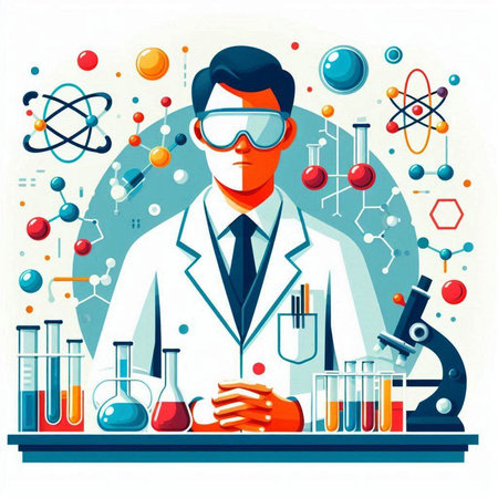 Scientist in laboratory. Vector illustration in flat style. Man in lab coat and protective glasses.のイラスト素材