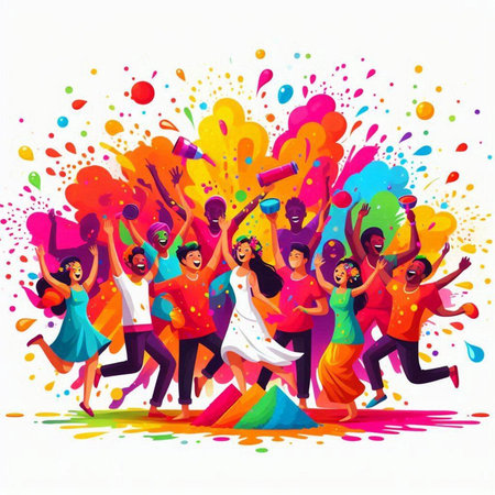 Happy Indian people dancing in colorful paint splashes, vector illustration.のイラスト素材