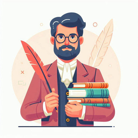 Vector illustration of a writer with a feather and books in his handsのイラスト素材