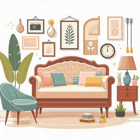 Vector illustration of a cozy living room interior with a sofa, armchair, books, plants, picture frames and decorations.のイラスト素材