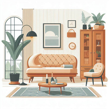 Living room interior design with sofa, armchair, coffee table, bookshelf and plants. Vector illustration.のイラスト素材