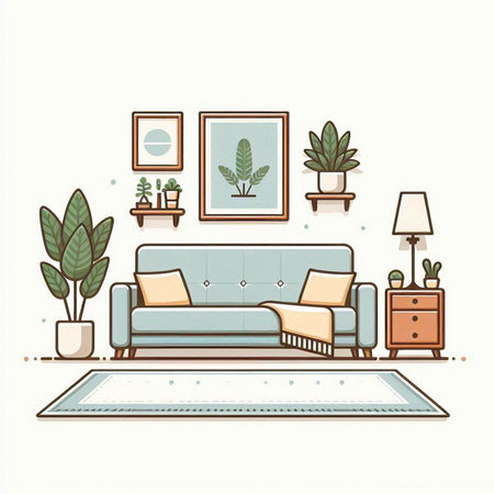 Living room interior design with sofa, coffee table and plants. Vector illustration.のイラスト素材