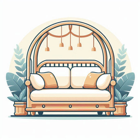 Vector illustration of a vintage bed with pillows in a flat style.のイラスト素材