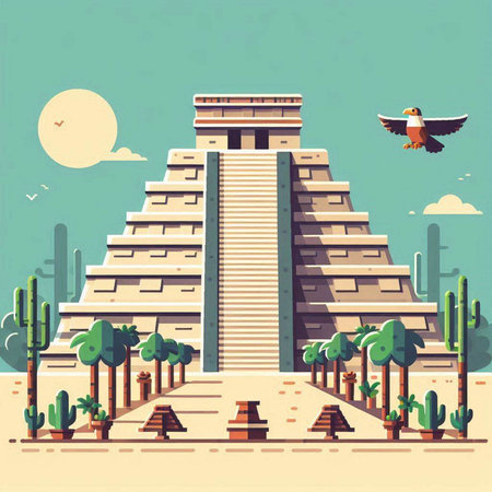 Ancient Mayan pyramid with cacti and eagle. Vector illustrationのイラスト素材
