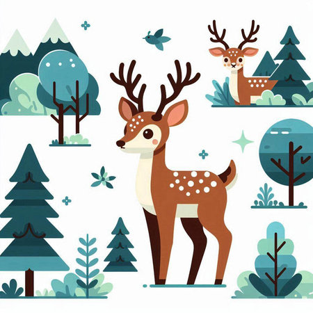 Set of cute cartoon deer in the forest. Vector illustration in flat style.のイラスト素材