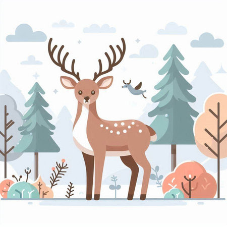Cute cartoon reindeer in the forest. Vector illustration.のイラスト素材