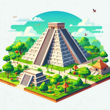 Ancient Mayan pyramid in the green park. Vector illustration in flat styleのイラスト素材